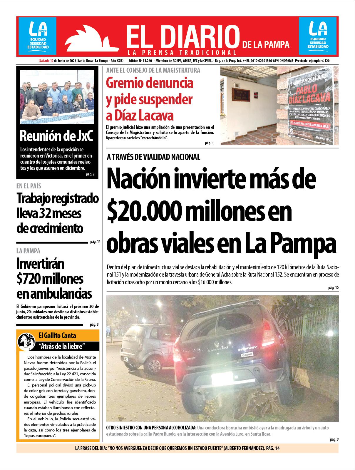 Tapa de El Diario en papel  saacutebado 10 de junio de 2023